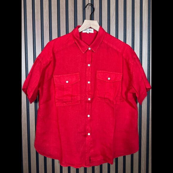 Alex Mill Tops - Alex Mill Shirt Large Womens Red Wash & Go 100% Linen Pockets Boxy Button Top